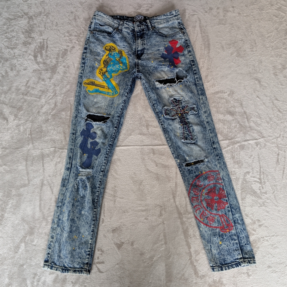 Womens Distressed Moto Skinny Jeans Streetwear Grunge Graffiti Acid Wash Sz 30